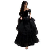 prom dresses French Style off-Shoulder Evening Dress Women's Black Adult Ceremony Vocal off-Shoulder Banquet Host Gauze Dress Niche